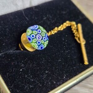 Vintage Millefiori Glass Mosaic Tie Tack Gold Tone Guard Chain Pin